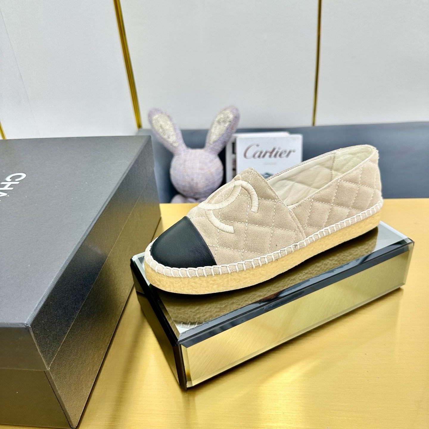 CC ESPADRILLES PLATFORM 25S IN LIGHT BEIGE SUEDE MIX BLACK CALFSKIN