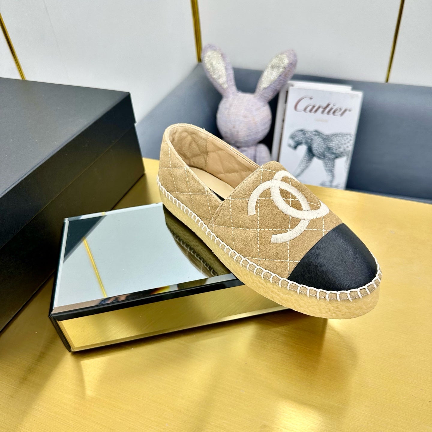 CC ESPADRILLES PLATFORM 25S IN BEIGE SUEDE MIX BLACK CALFSKIN