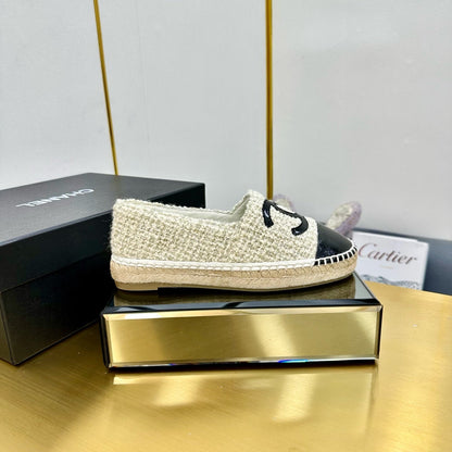 CC ESPADRILLES PLATFORM 25S IN WHITE TWEED MIX BLACK GLOSSY LEATHER