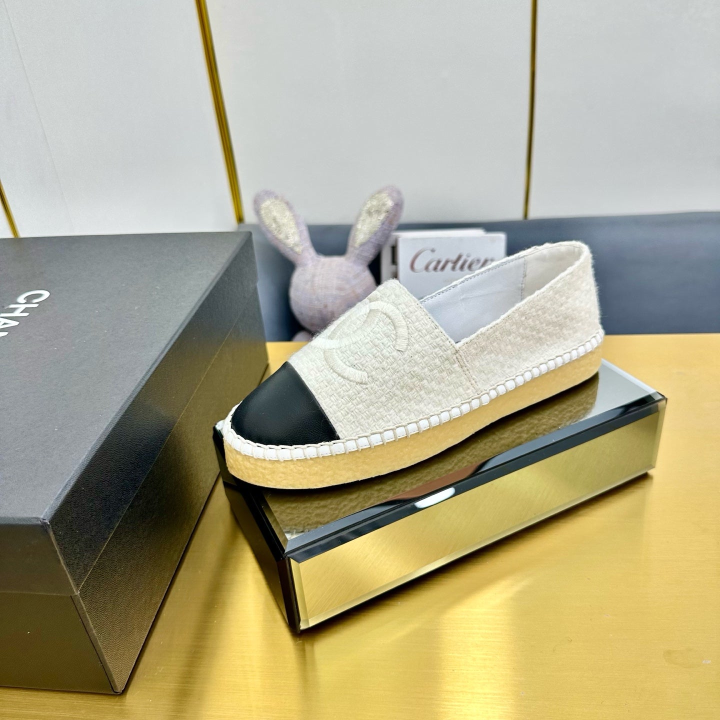 CC ESPADRILLES PLATFORM 25S IN WHITE TWEED MIX BLACK CALFSKIN