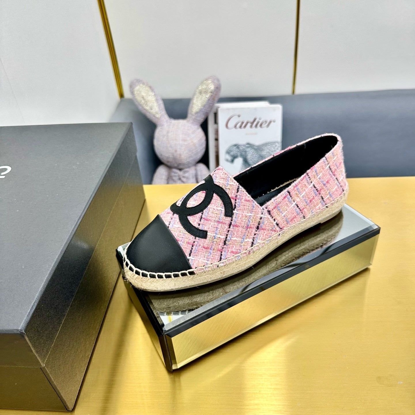CC ESPADRILLES PLATFORM 25S IN PINK TWEED MIX BLACK CALFSKIN WITH LINED PATTERN