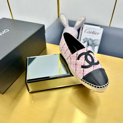 CC ESPADRILLES PLATFORM 25S IN PINK TWEED MIX BLACK CALFSKIN WITH LINED PATTERN