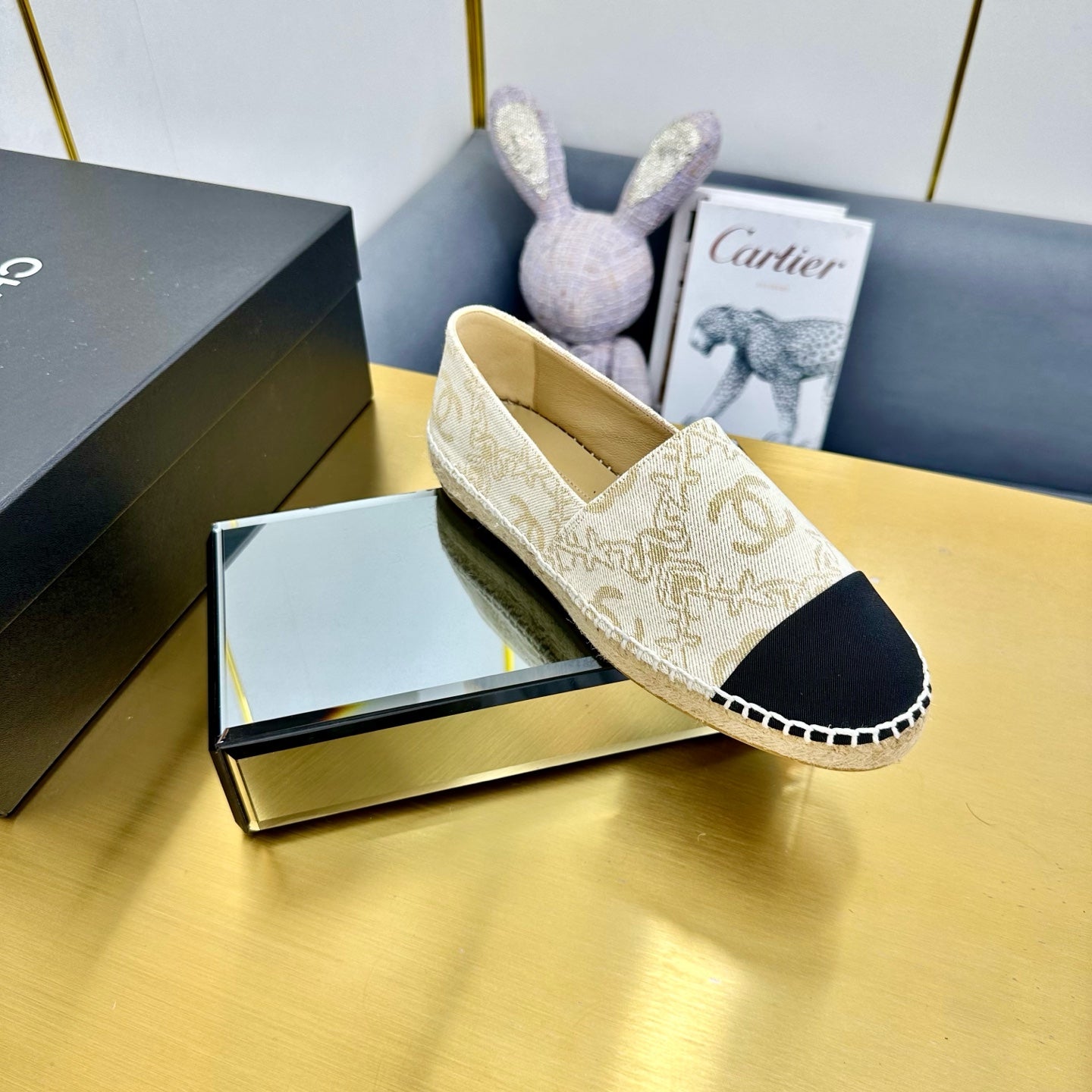 CC ESPADRILLES PLATFORM IN MOSSY BROWN MIX BLACK PATTERN FABRIC