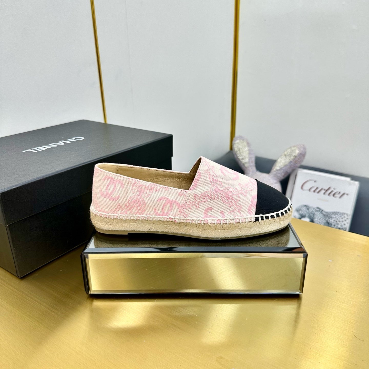 CC ESPADRILLES PLATFORM IN LIGHT PINK MIX BLACK FABRIC