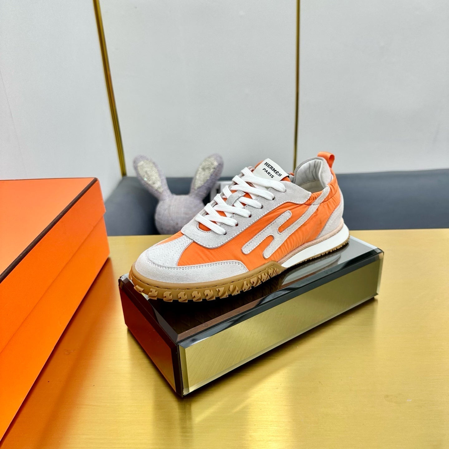 JET SNEAKER IN PALE GRAY SUEDE MIX ORANGE CALFSKIN