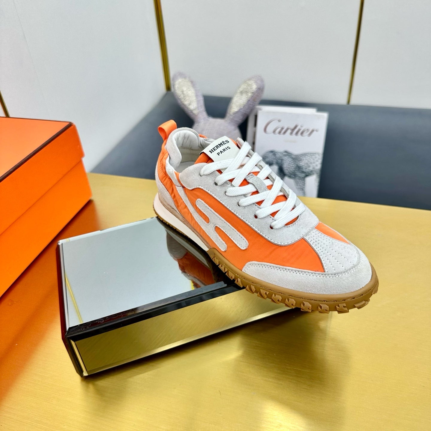 JET SNEAKER IN PALE GRAY SUEDE MIX ORANGE CALFSKIN