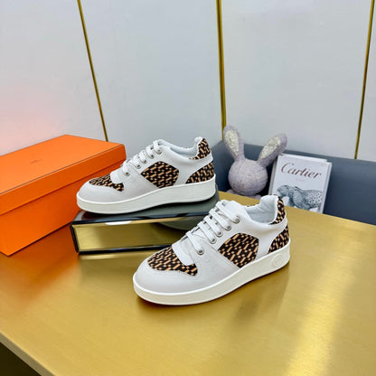 FREE SNEAKER IN WHITE CALFSKIN AND H EN BIAIS BROWN CANVAS