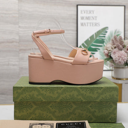 GG  Horsebit Wedges Sandals Pink