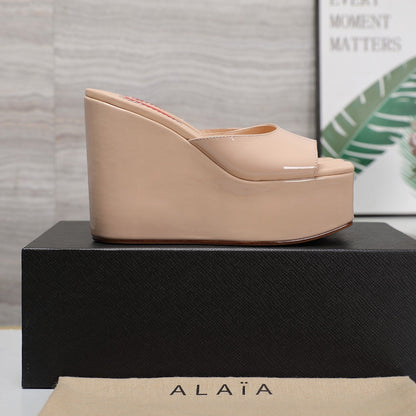 ALAIA PLATFORM WEDGE IN BEIGE TAN LAMBSKIN WITH RED HEART