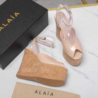 ALAIA WEDGE SANDAL IN BEIGE TAN GLOSSY CALFSKIN AND BEIGE RUBBER