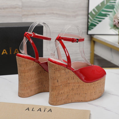 ALAIA WEDGE SANDAL IN CRIMSON RED GLOSSY CALFSKIN AND BEIGE RUBBER