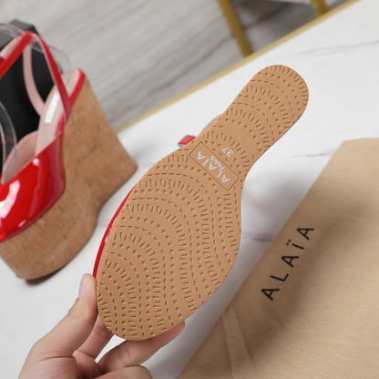 ALAIA WEDGE SANDAL IN CRIMSON RED GLOSSY CALFSKIN AND BEIGE RUBBER