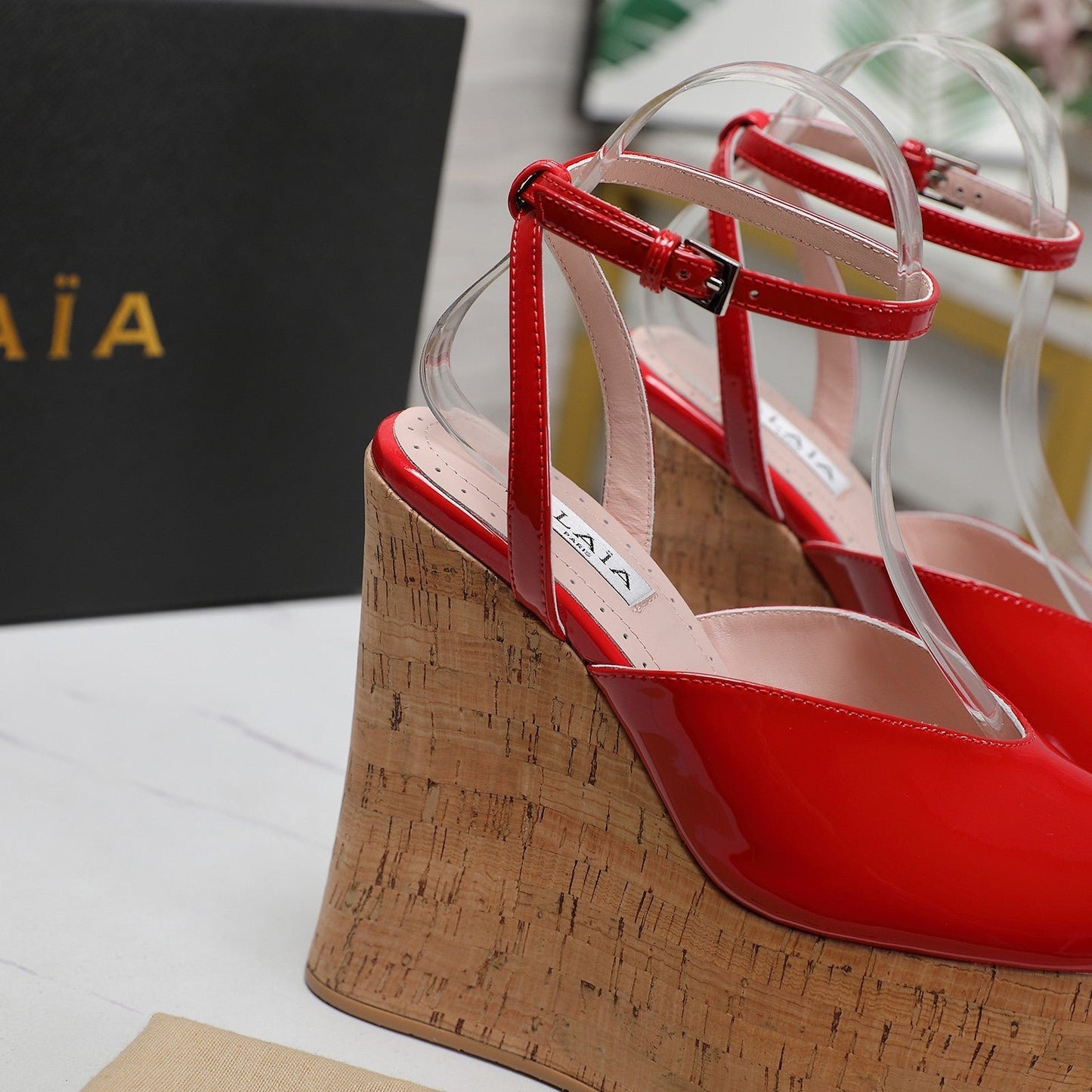 ALAIA WEDGE SANDAL IN CRIMSON RED GLOSSY CALFSKIN AND BEIGE RUBBER