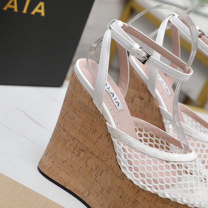 ALAIA WEDGE SANDAL IN WHITE MESH AND BEIGE RUBBER