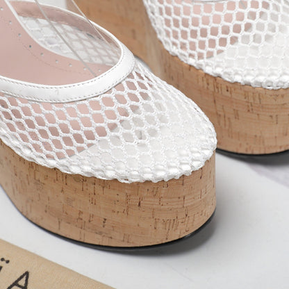ALAIA WEDGE SANDAL IN WHITE MESH AND BEIGE RUBBER