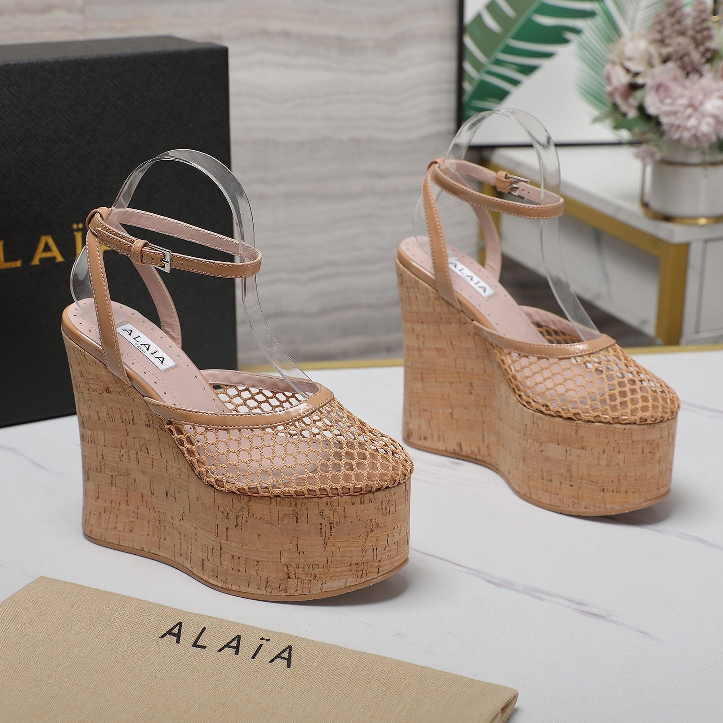 ALAIA WEDGE SANDAL IN FRENCH BEIGE MESH AND BEIGE RUBBER