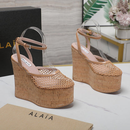 ALAIA WEDGE SANDAL IN FRENCH BEIGE MESH AND BEIGE RUBBER