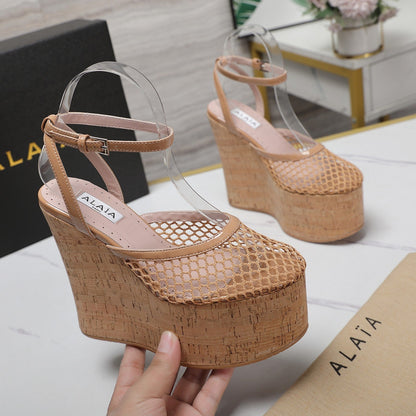 ALAIA WEDGE SANDAL IN FRENCH BEIGE MESH AND BEIGE RUBBER