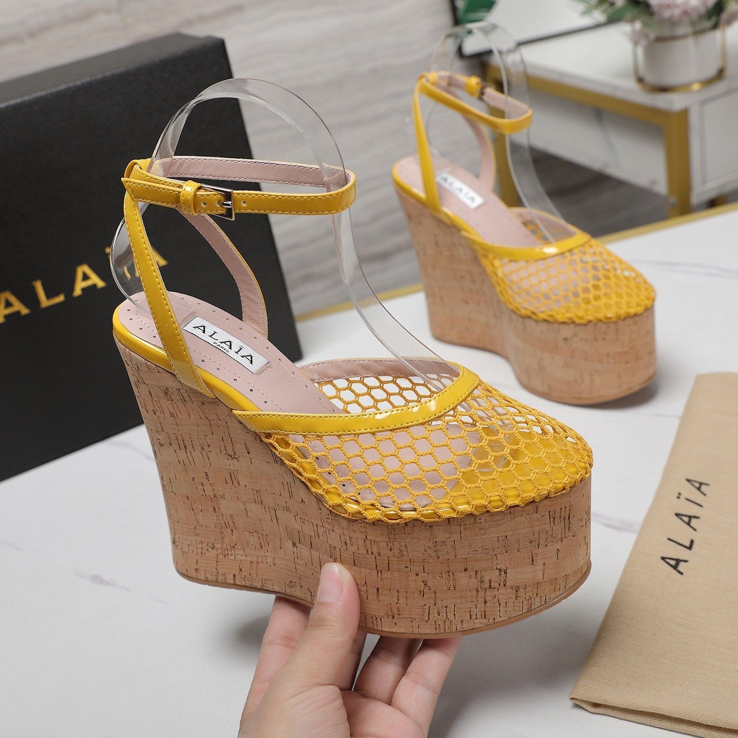 ALAIA WEDGE SANDAL IN YELLOW MESH AND BEIGE RUBBER