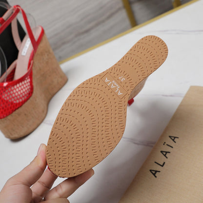 ALAIA WEDGE SANDAL IN CHERRY RED MESH AND BEIGE RUBBER