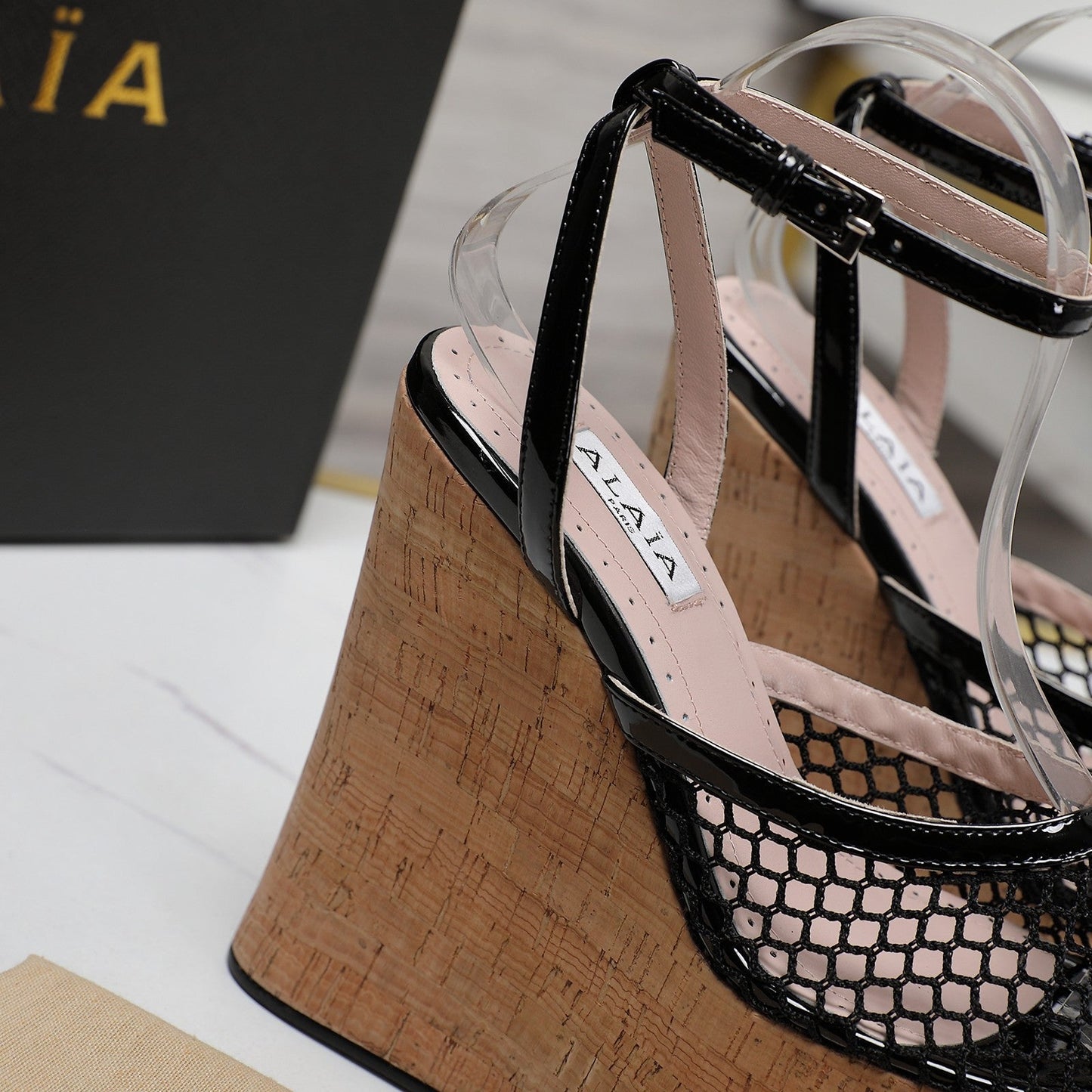 ALAIA WEDGE SANDAL IN BLACK MESH AND BEIGE RUBBER