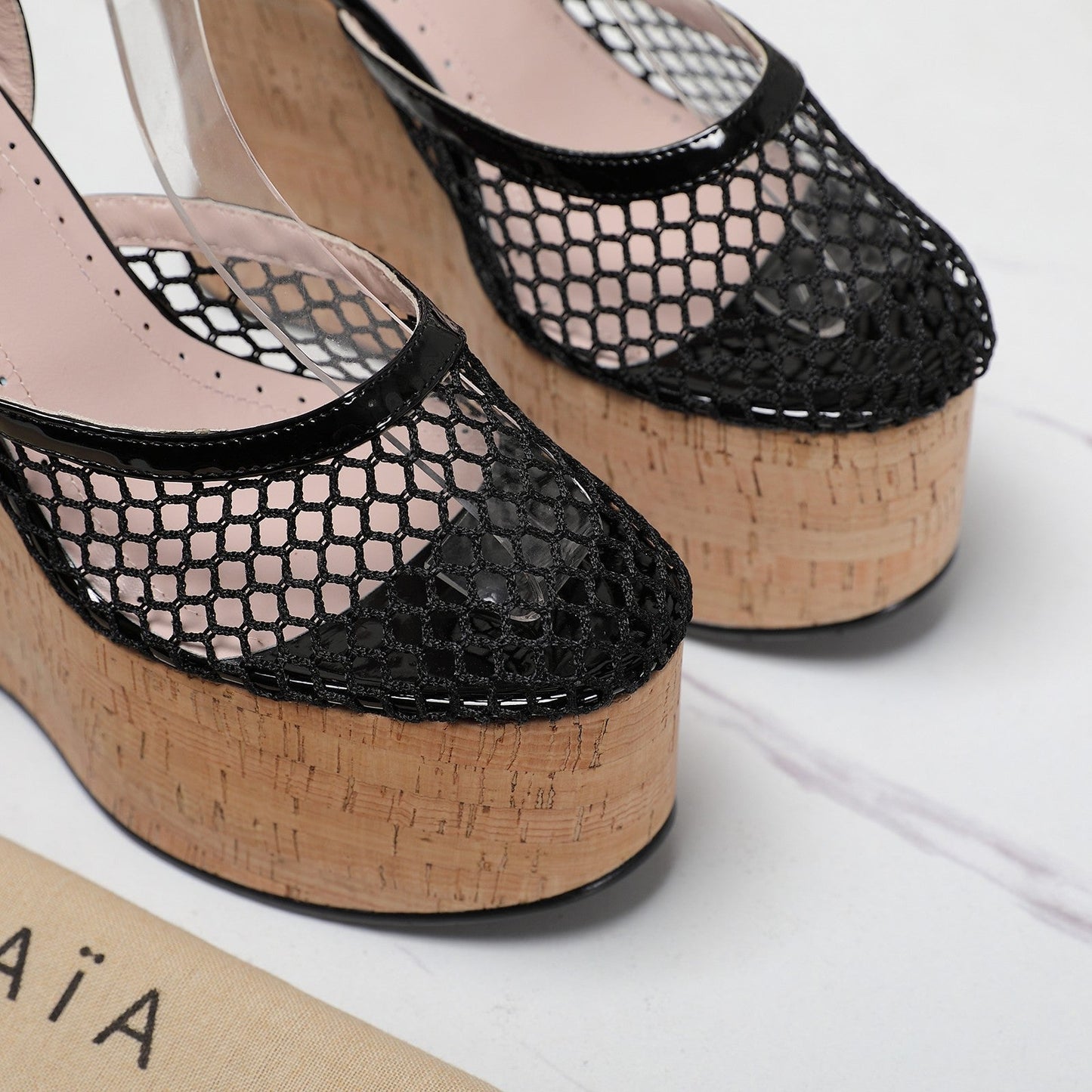 ALAIA WEDGE SANDAL IN BLACK MESH AND BEIGE RUBBER
