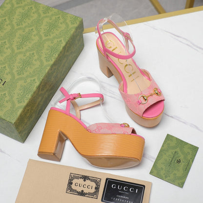 GG HORSEBIT WEDGE SANDAL IN PINK MONOGRAM JACQUARD FABRIC AND SHEEPSKIN LINING