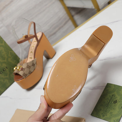 GG HORSEBIT WEDGE SANDAL IN BROWN MONOGRAM JACQUARD FABRIC AND SHEEPSKIN LINING