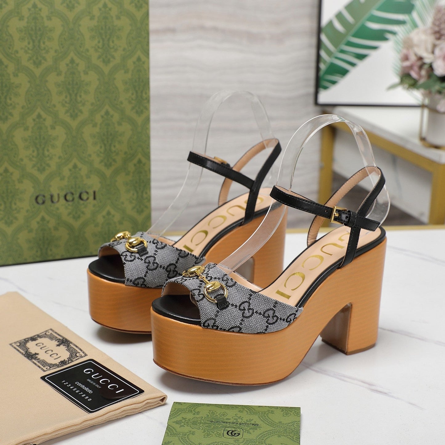 GG HORSEBIT WEDGE SANDAL IN BLACK MONOGRAM JACQUARD FABRIC AND SHEEPSKIN LINING