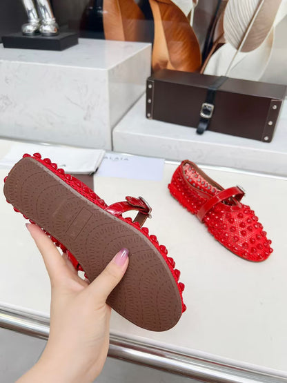 ALAIA MARY JANE SHOES IN CHERRY RED STUDDED FISHNET MESH AND CALFSKIN