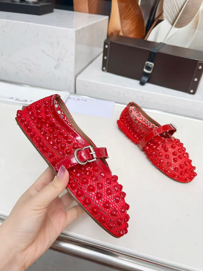 ALAIA MARY JANE SHOES IN CHERRY RED STUDDED FISHNET MESH AND CALFSKIN