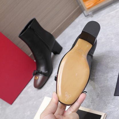 VALENTINO 25S VALET DU ROI ANKLE BOOTS 60 MM IN BLACK MIX DARK BROWN CALFSKIN WITH BOW