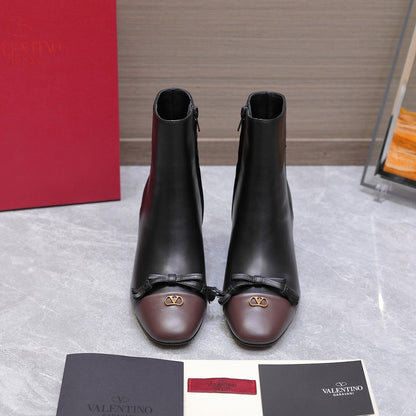 VALENTINO 25S VALET DU ROI ANKLE BOOTS 60 MM IN BLACK MIX DARK BROWN CALFSKIN WITH BOW