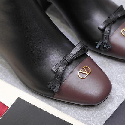 VALENTINO 25S VALET DU ROI ANKLE BOOTS 60 MM IN BLACK MIX DARK BROWN CALFSKIN WITH BOW