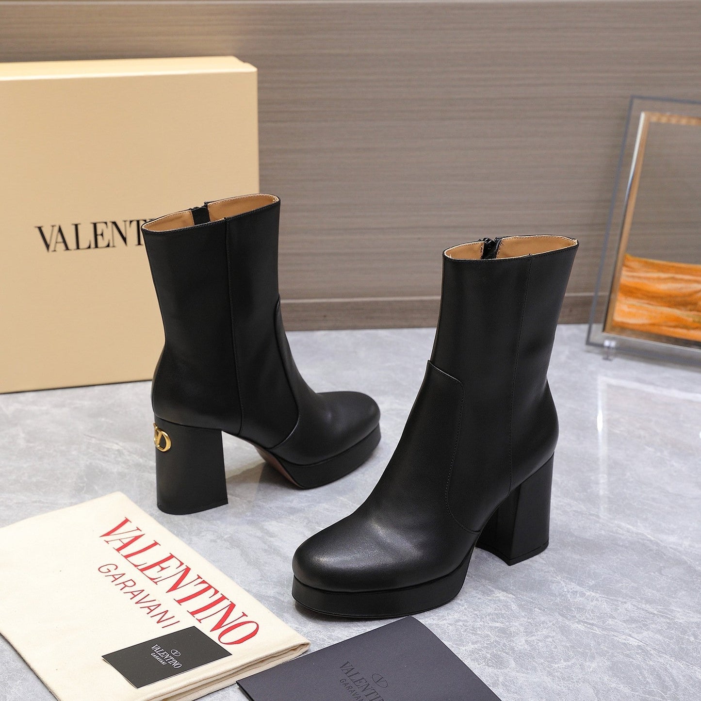 VALENTINO 25S ANKLE BOOTS WITH ZIPPER 90 MM IN BLACK CALFSKIN