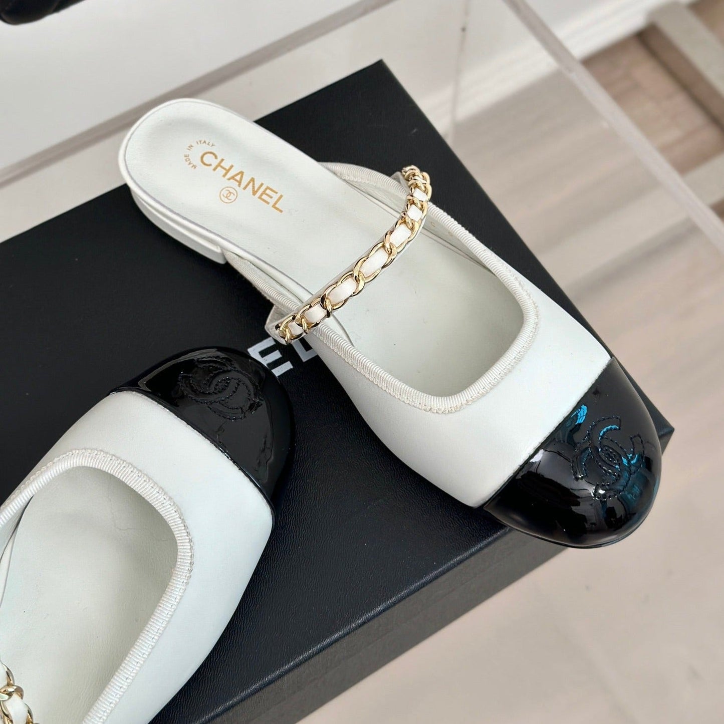 Double C Two-Tone Chain Mules White Lambskin