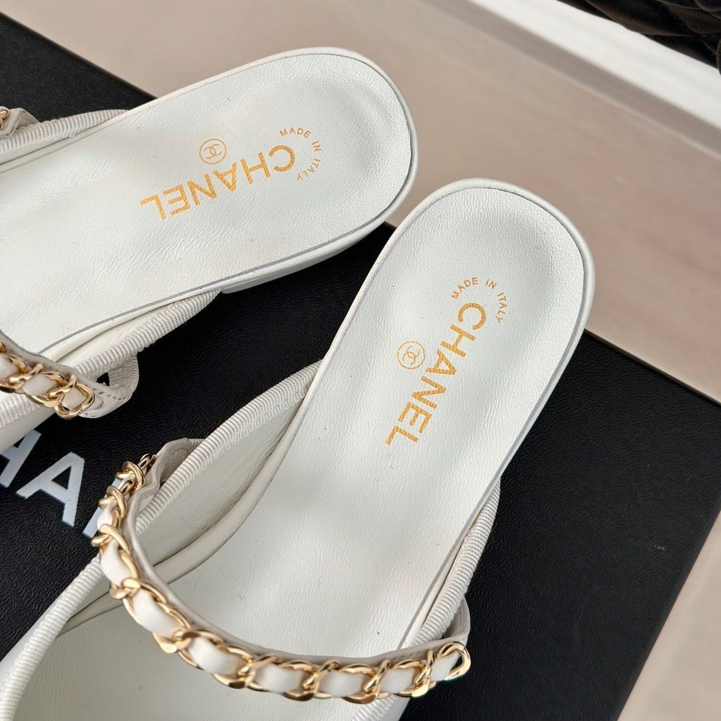 Double C Two-Tone Chain Mules White Lambskin