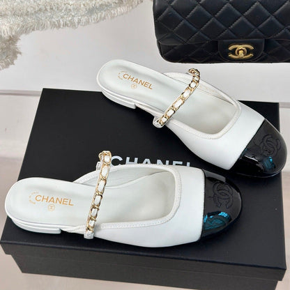 Double C Two-Tone Chain Mules White Lambskin