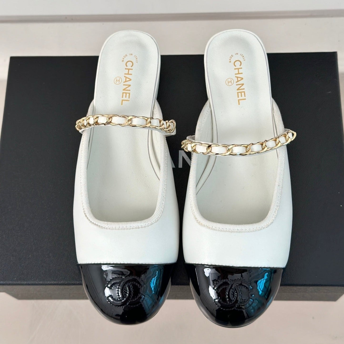 Double C Two-Tone Chain Mules White Lambskin