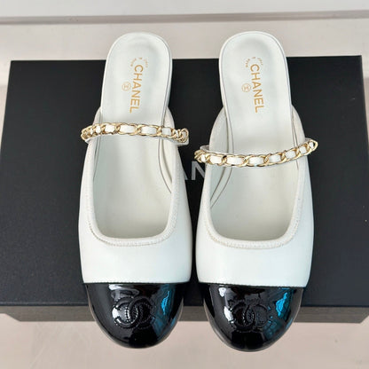 Double C Two-Tone Chain Mules White Lambskin