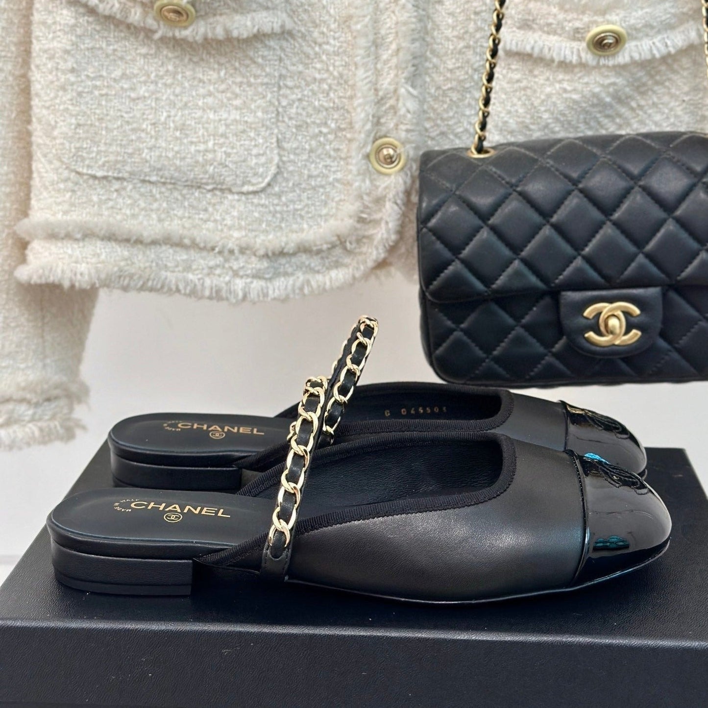 Double C Two-Tone Chain Mules Black Lambskin