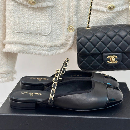 Double C Two-Tone Chain Mules Black Lambskin