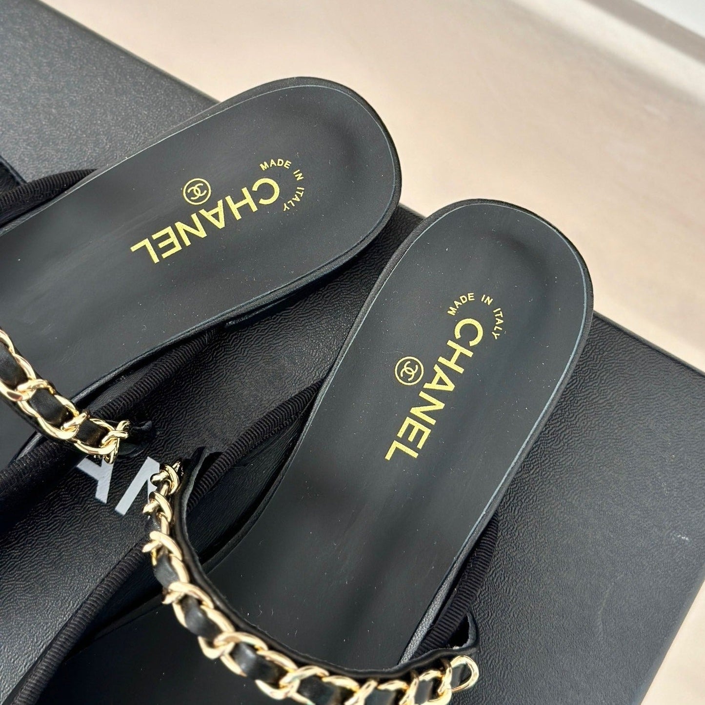 Double C Two-Tone Chain Mules Black Lambskin
