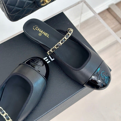 Double C Two-Tone Chain Mules Black Lambskin