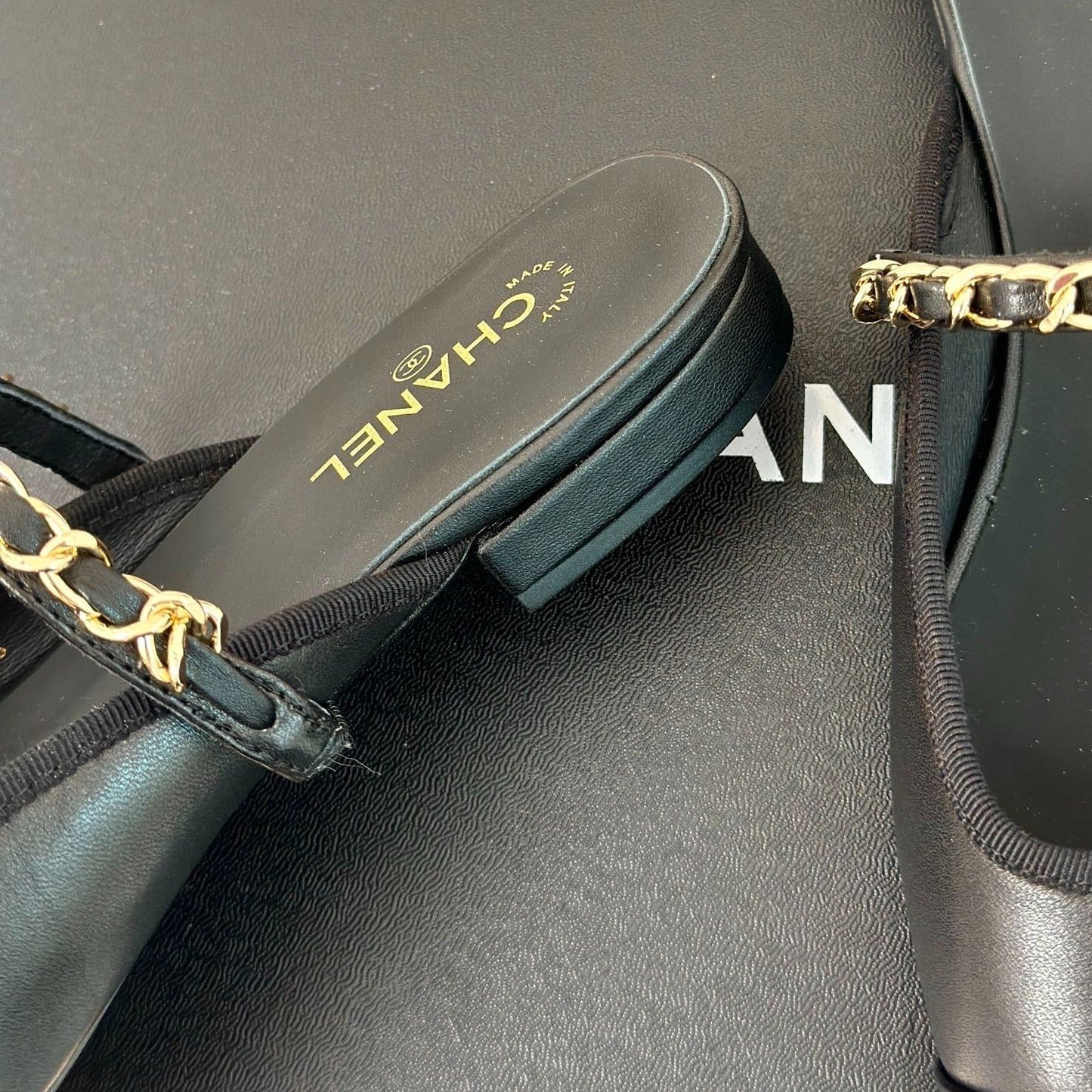 Double C Two-Tone Chain Mules Black Lambskin