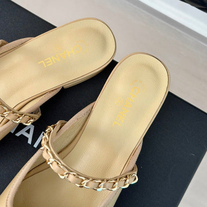 Double C Two-Tone Chain Mules Dark Cream Lambskin