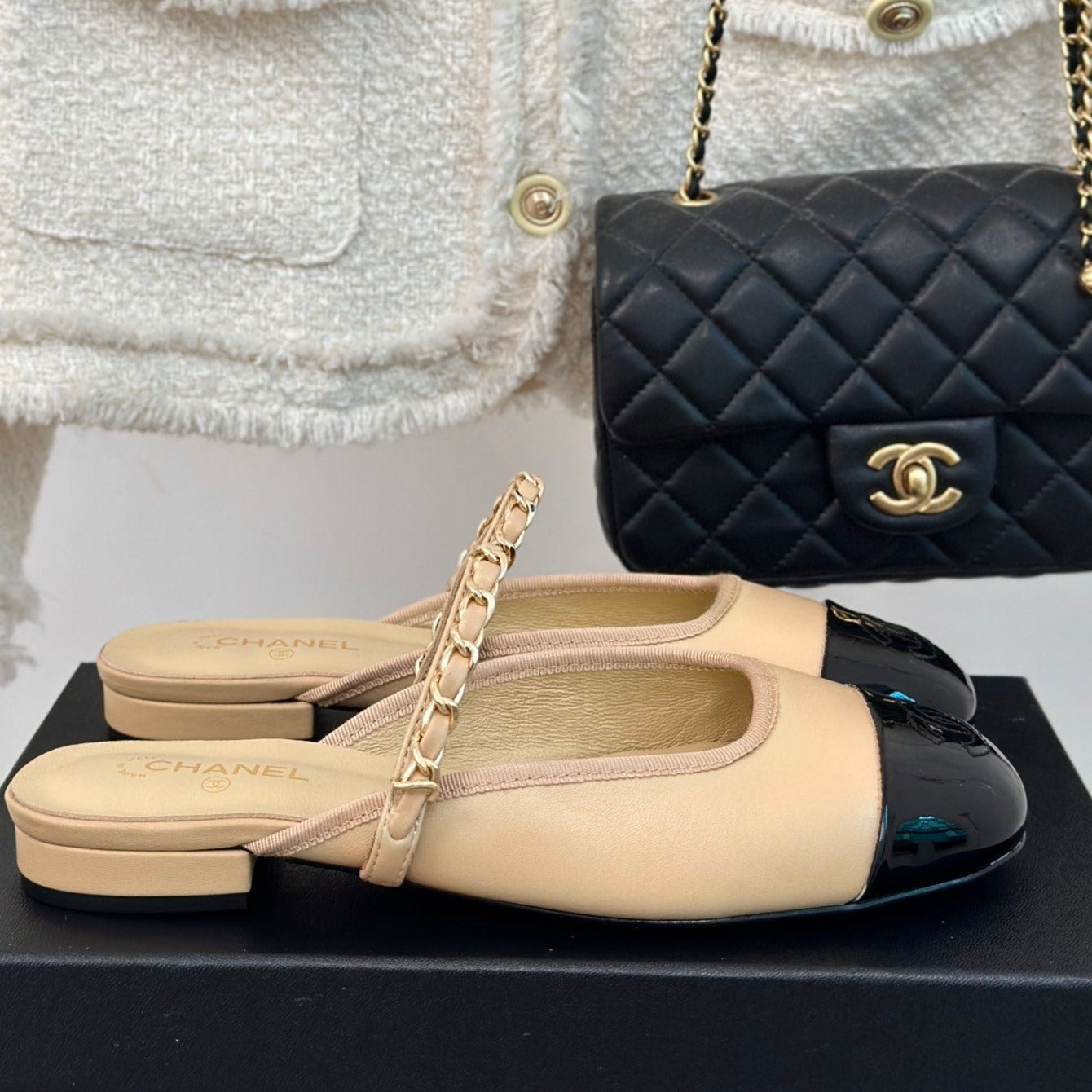 Double C Two-Tone Chain Mules Dark Cream Lambskin