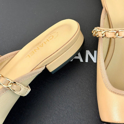 Double C Two-Tone Chain Mules Dark Cream Lambskin