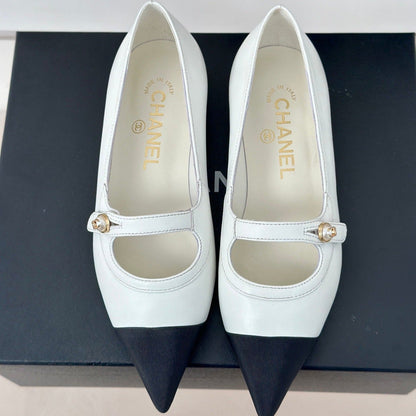 Double C Milan Runway Pointed Toe Mary Jane Shoes White Black Lambskin