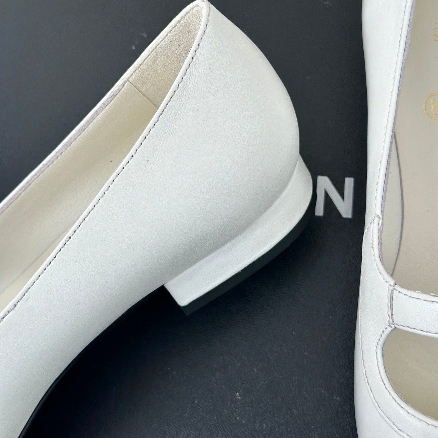 Double C Milan Runway Pointed Toe Mary Jane Shoes White Black Lambskin